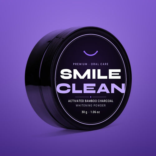 SmileClean Aktivkohle Zahnpulver – Dose Vorderansicht auf lila Hintergrund